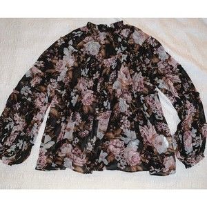 $110 OPT Shirt Blouse Women Med. Chiffon Tier Black Pink Floral Ladies Designer